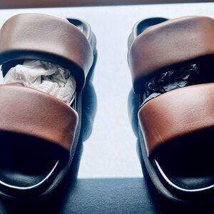 DRIES VAN NOTEN PADDED BROWN LEATHER SLIP-ONS (w/Orig. Box and Shoe Bag)